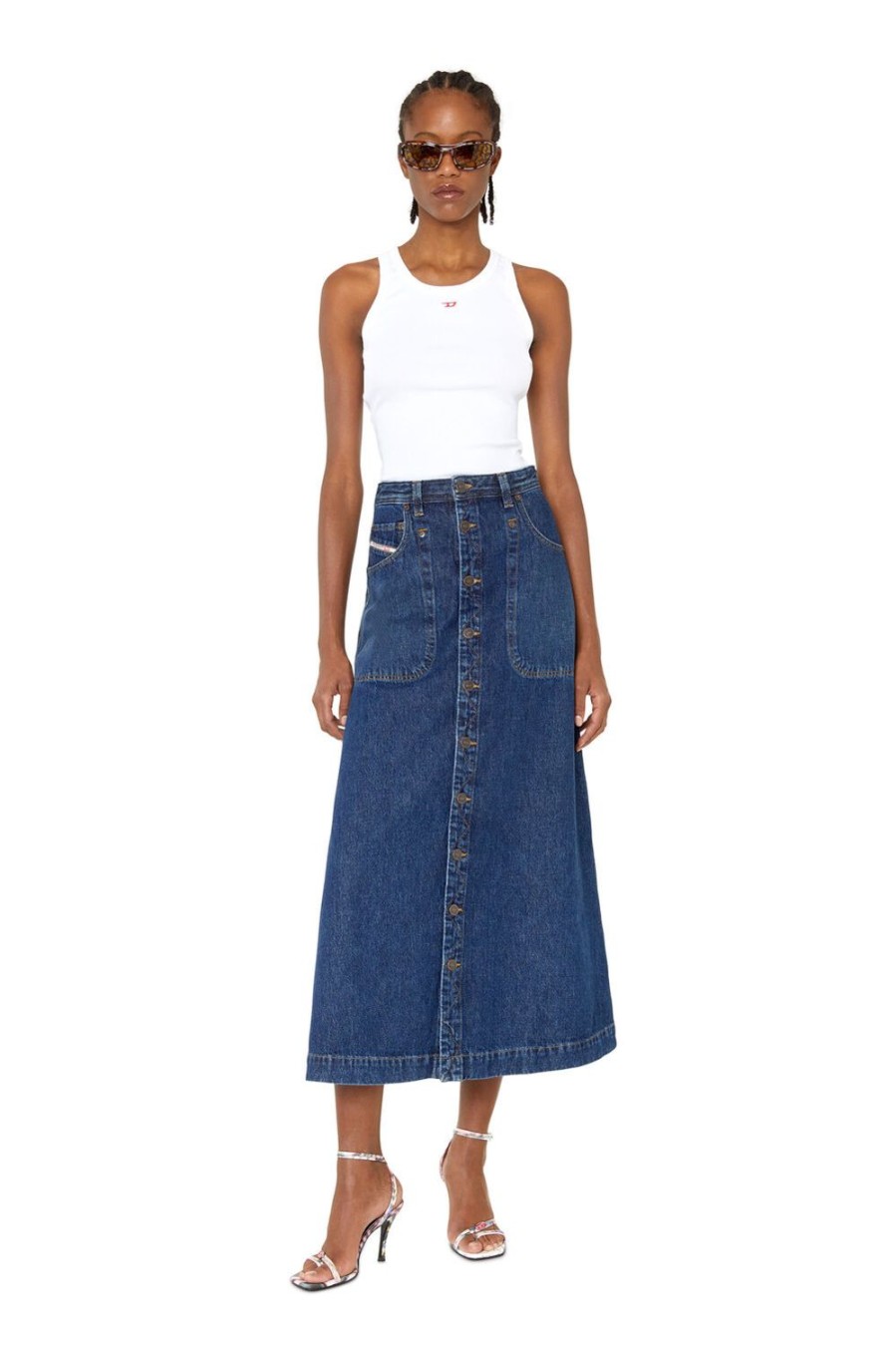 Women Diesel Skirts | De-Albus-L A-Line Long Skirt Dark Blue